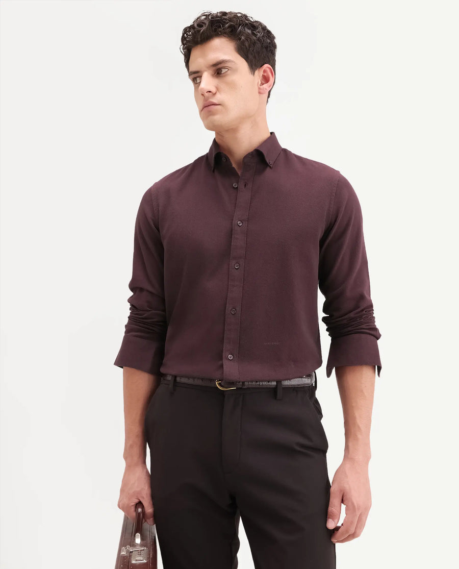 Rare Rabbit Men's Hax-P Dark Maroon Cotton Blend Fabric Full Sleeve Spread Collar Button Regular Fit Plain Shirt