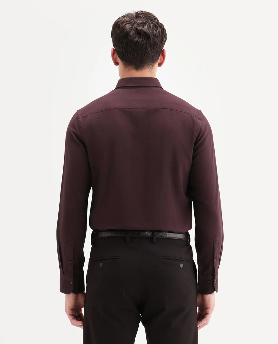 Rare Rabbit Men's Hax-P Dark Maroon Cotton Blend Fabric Full Sleeve Spread Collar Button Regular Fit Plain Shirt