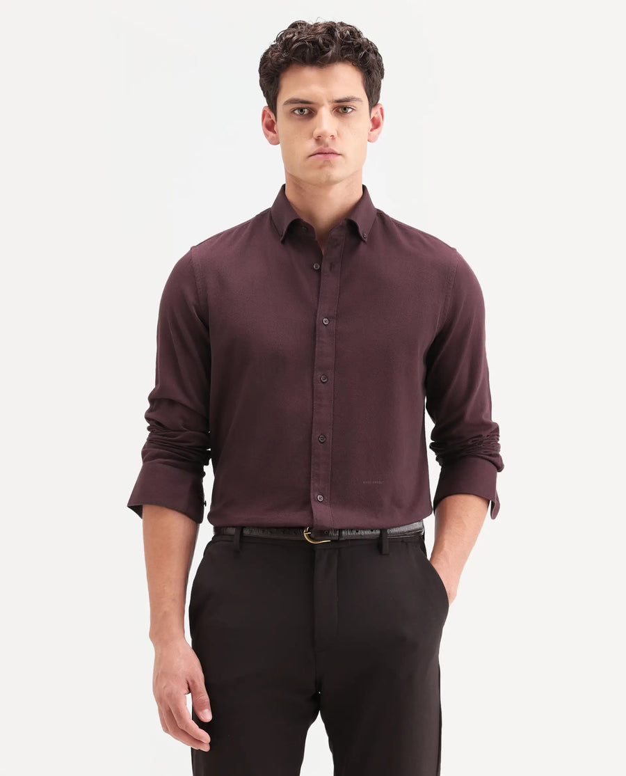 Rare Rabbit Men's Hax-P Dark Maroon Cotton Blend Fabric Full Sleeve Spread Collar Button Regular Fit Plain Shirt