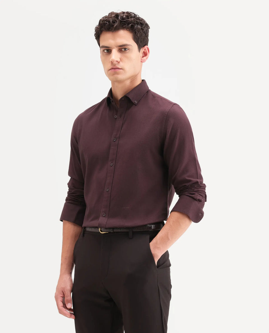 Rare Rabbit Men's Hax-P Dark Maroon Cotton Blend Fabric Full Sleeve Spread Collar Button Regular Fit Plain Shirt