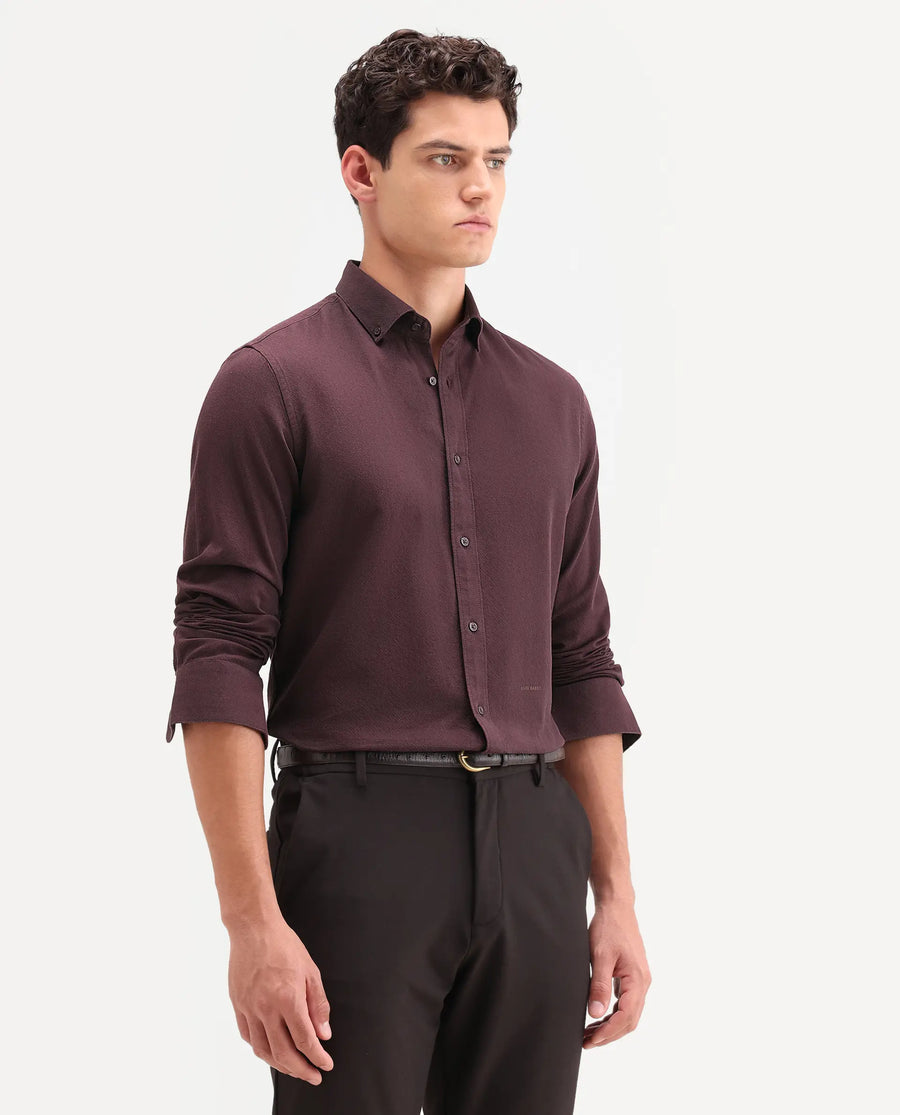 Rare Rabbit Men's Hax-P Dark Maroon Cotton Blend Fabric Full Sleeve Spread Collar Button Regular Fit Plain Shirt