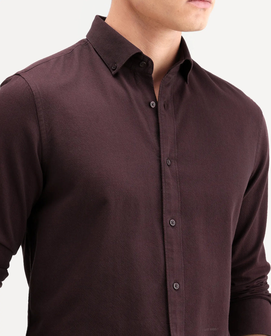 Rare Rabbit Men's Hax-P Dark Maroon Cotton Blend Fabric Full Sleeve Spread Collar Button Regular Fit Plain Shirt