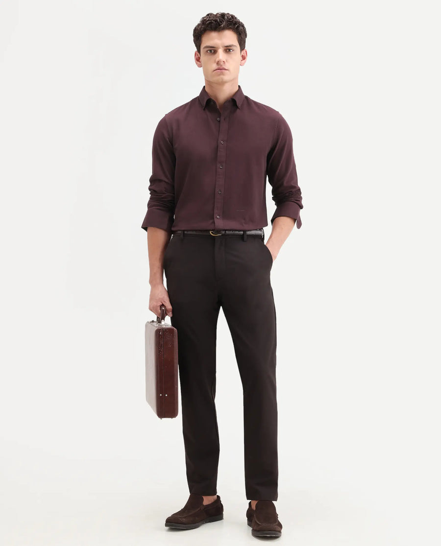Rare Rabbit Men's Hax-P Dark Maroon Cotton Blend Fabric Full Sleeve Spread Collar Button Regular Fit Plain Shirt