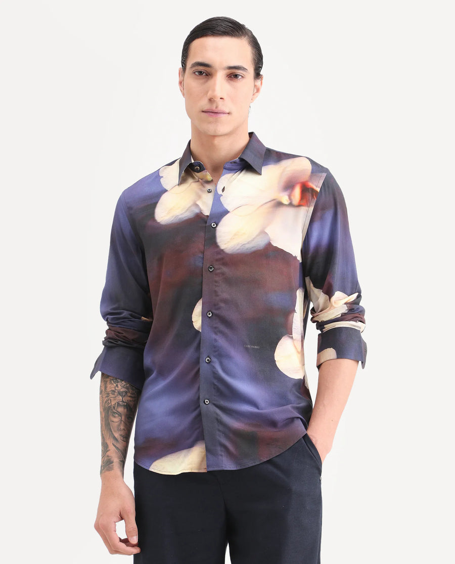 Rare Rabbit Men's Jemp 2 Purple Viscose Fabric Full Sleeve Spread Collar Regular Fit Floral Print Shirt