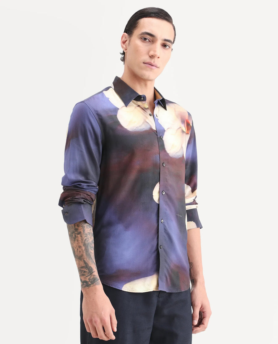 Rare Rabbit Men's Jemp 2 Purple Viscose Fabric Full Sleeve Spread Collar Regular Fit Floral Print Shirt