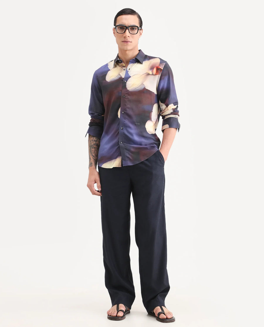 Rare Rabbit Men's Jemp 2 Purple Viscose Fabric Full Sleeve Spread Collar Regular Fit Floral Print Shirt