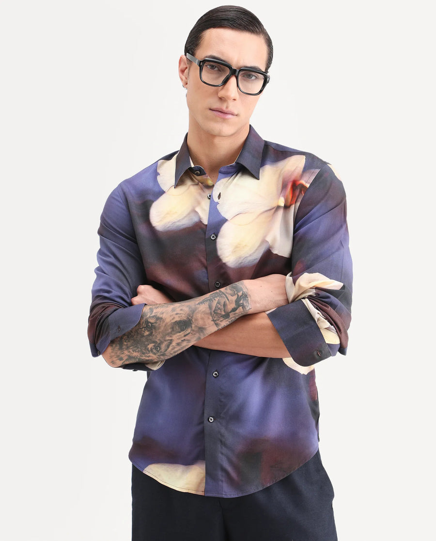 Rare Rabbit Men's Jemp 2 Purple Viscose Fabric Full Sleeve Spread Collar Regular Fit Floral Print Shirt