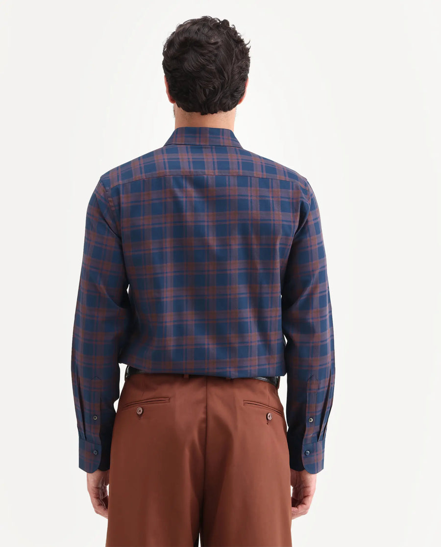 Rare Rabbit Men's Marin Navy Cotton Full Sleeve Spread Collar Regular Fit Checked Shirt
