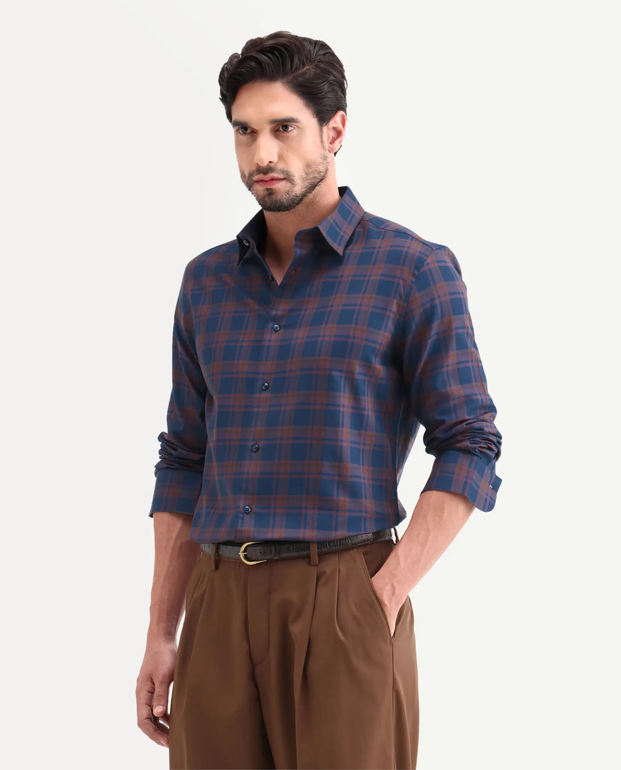 Rare Rabbit Men's Marin Navy Cotton Full Sleeve Spread Collar Regular Fit Checked Shirt