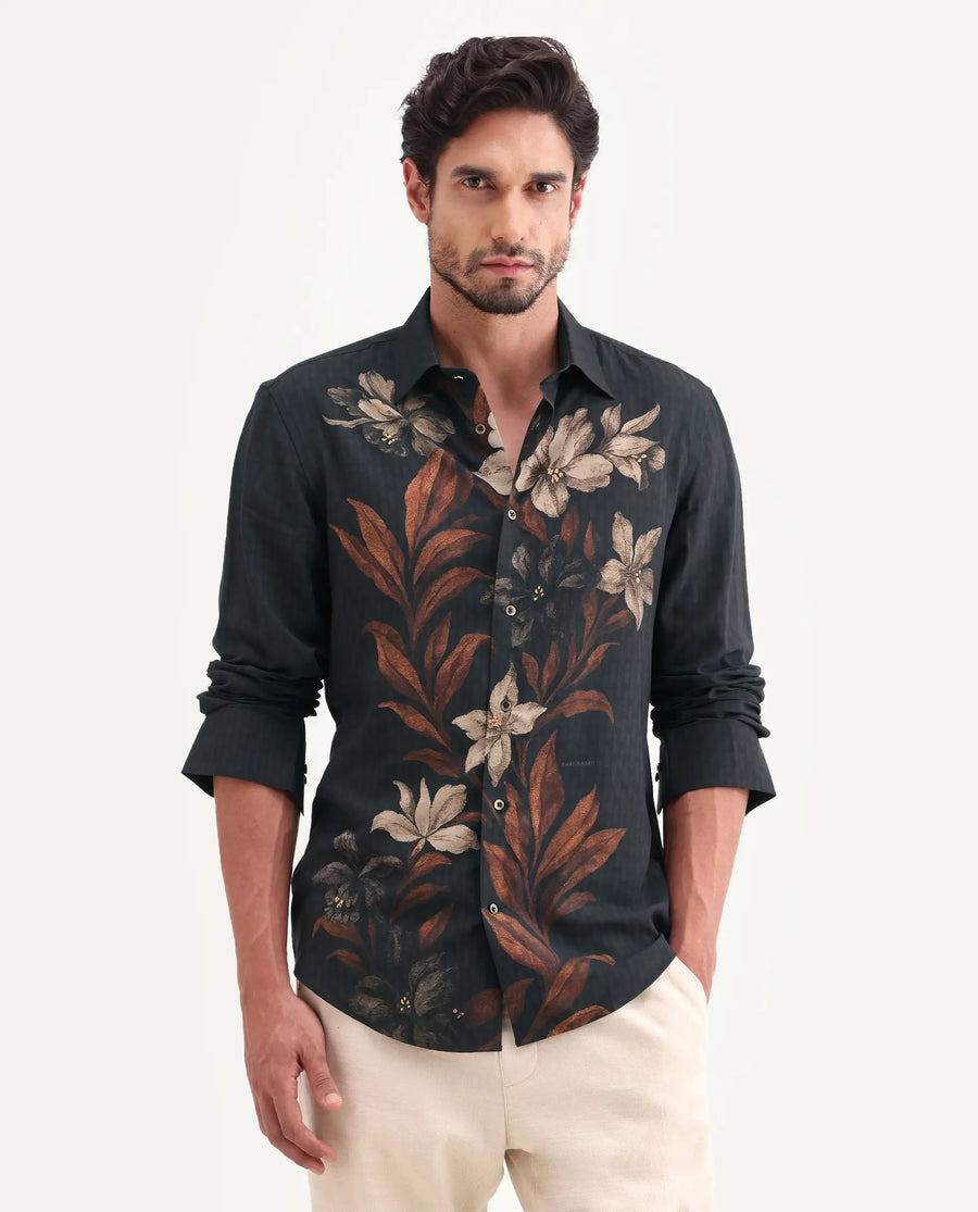 Rare Rabbit Men's Phex Black Viscose Fabric Full Sleeve Spread Collar Regular Fit Floral Print Shirt