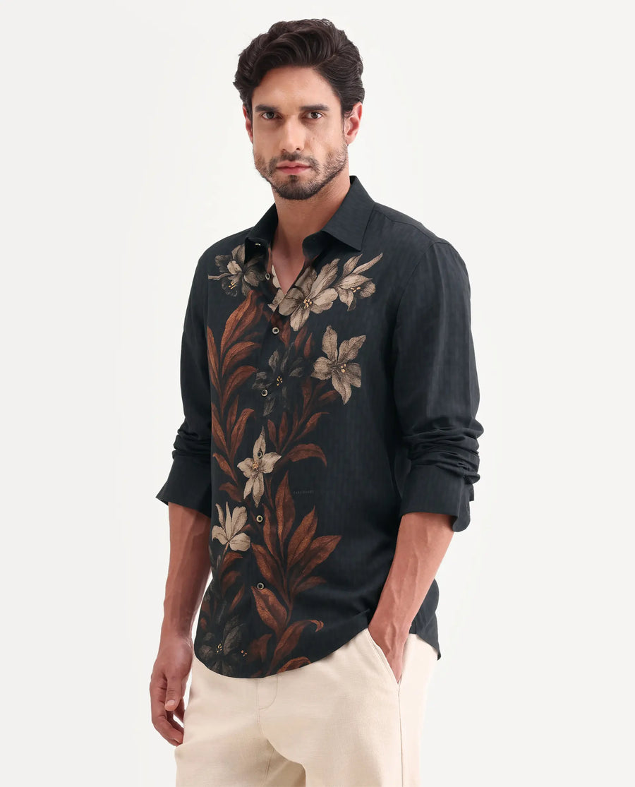Rare Rabbit Men's Phex Black Viscose Fabric Full Sleeve Spread Collar Regular Fit Floral Print Shirt