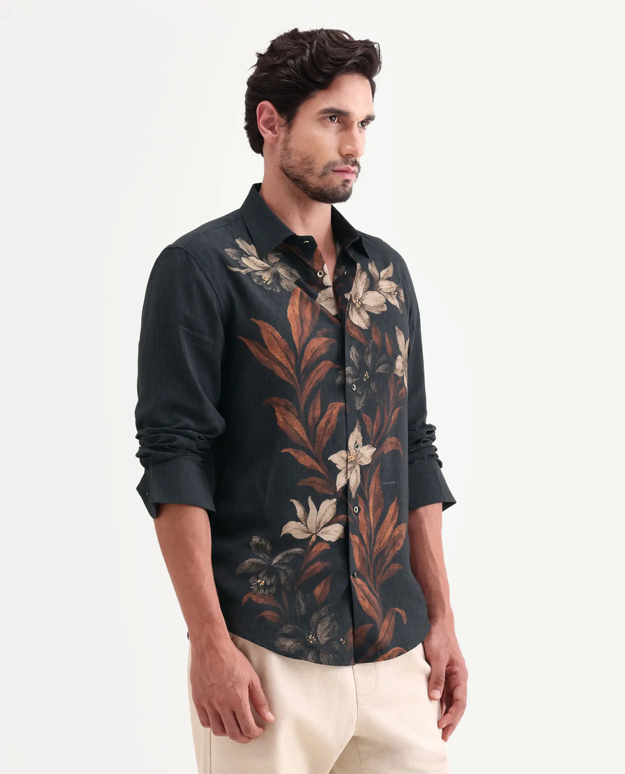 Rare Rabbit Men's Phex Black Viscose Fabric Full Sleeve Spread Collar Regular Fit Floral Print Shirt