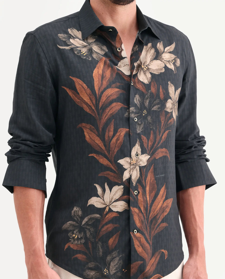 Rare Rabbit Men's Phex Black Viscose Fabric Full Sleeve Spread Collar Regular Fit Floral Print Shirt