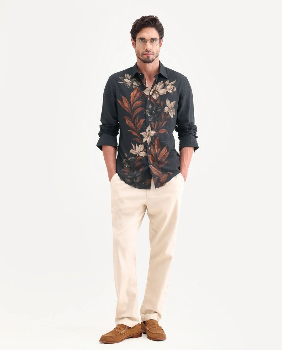 Rare Rabbit Men's Phex Black Viscose Fabric Full Sleeve Spread Collar Regular Fit Floral Print Shirt