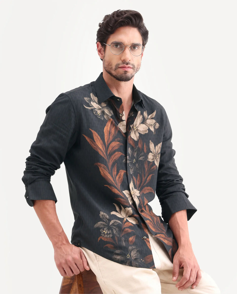 Rare Rabbit Men's Phex Black Viscose Fabric Full Sleeve Spread Collar Regular Fit Floral Print Shirt