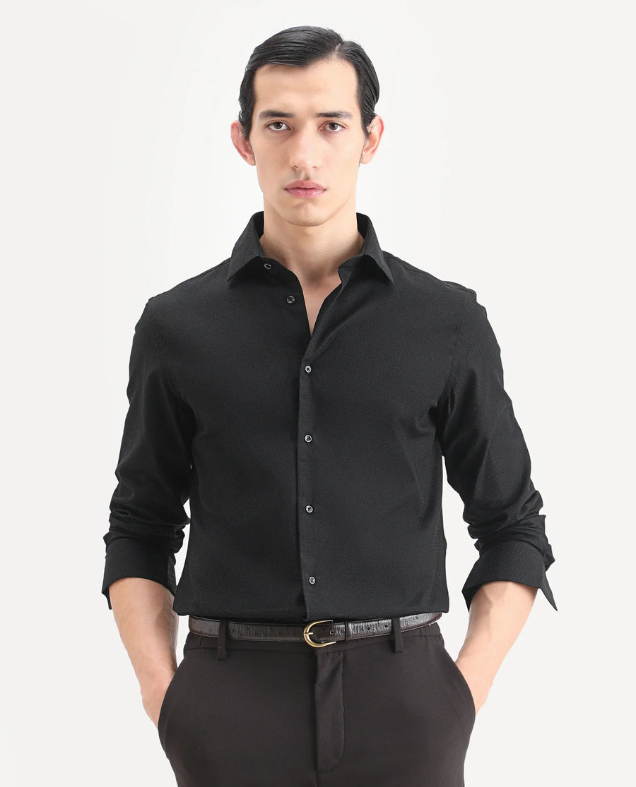 Rare Rabbit Men's Blene Black Cotton Full Sleeve Spread Collar Regular Fit Plain Shirt