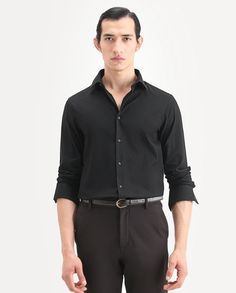 Rare Rabbit Men's Blene Black Cotton Full Sleeve Spread Collar Regular Fit Plain Shirt