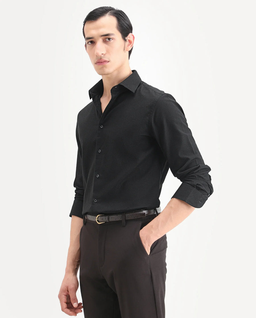 Rare Rabbit Men's Blene Black Cotton Full Sleeve Spread Collar Regular Fit Plain Shirt