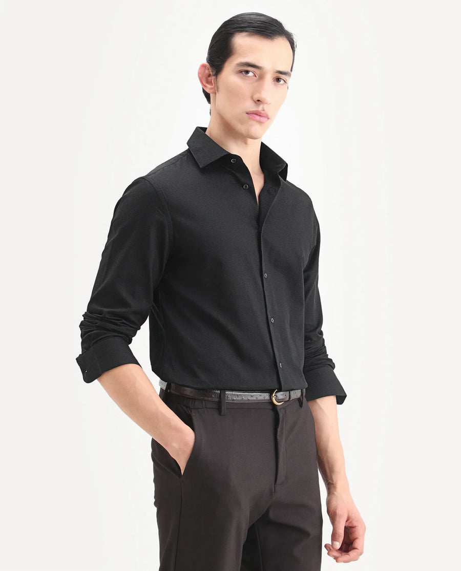 Rare Rabbit Men's Blene Black Cotton Full Sleeve Spread Collar Regular Fit Plain Shirt