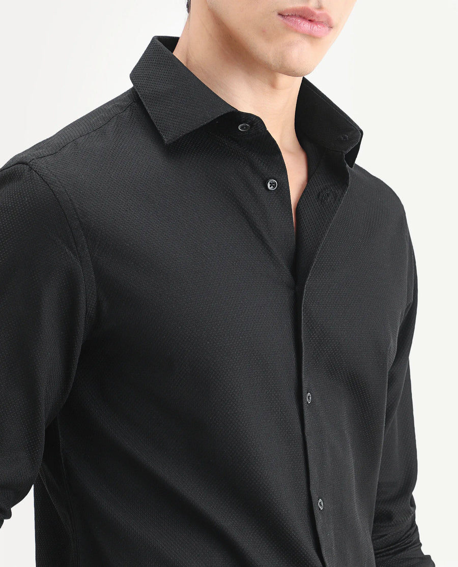 Rare Rabbit Men's Blene Black Cotton Full Sleeve Spread Collar Regular Fit Plain Shirt