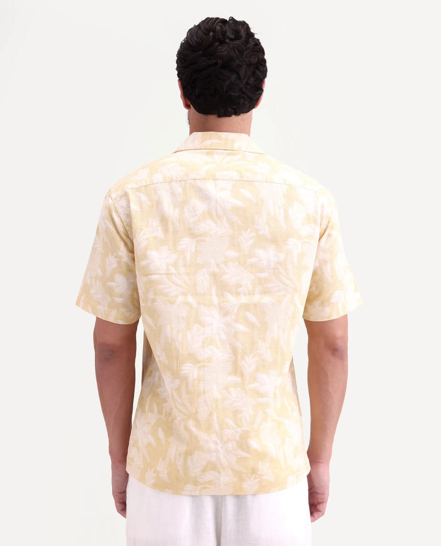 Rare Rabbit Men's Jyst Yellow Cotton Blend Half Sleeve Cuban Collar Regular Fit Jacquard Shirt