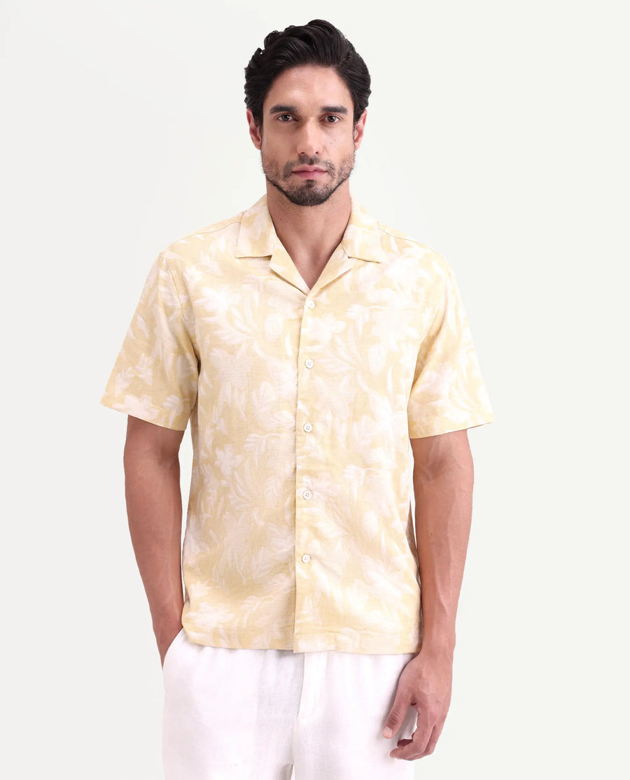 Rare Rabbit Men's Jyst Yellow Cotton Blend Half Sleeve Cuban Collar Regular Fit Jacquard Shirt