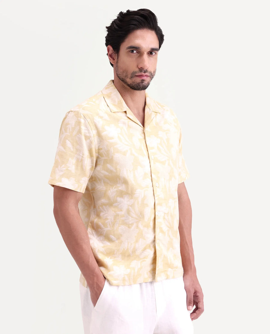 Rare Rabbit Men's Jyst Yellow Cotton Blend Half Sleeve Cuban Collar Regular Fit Jacquard Shirt