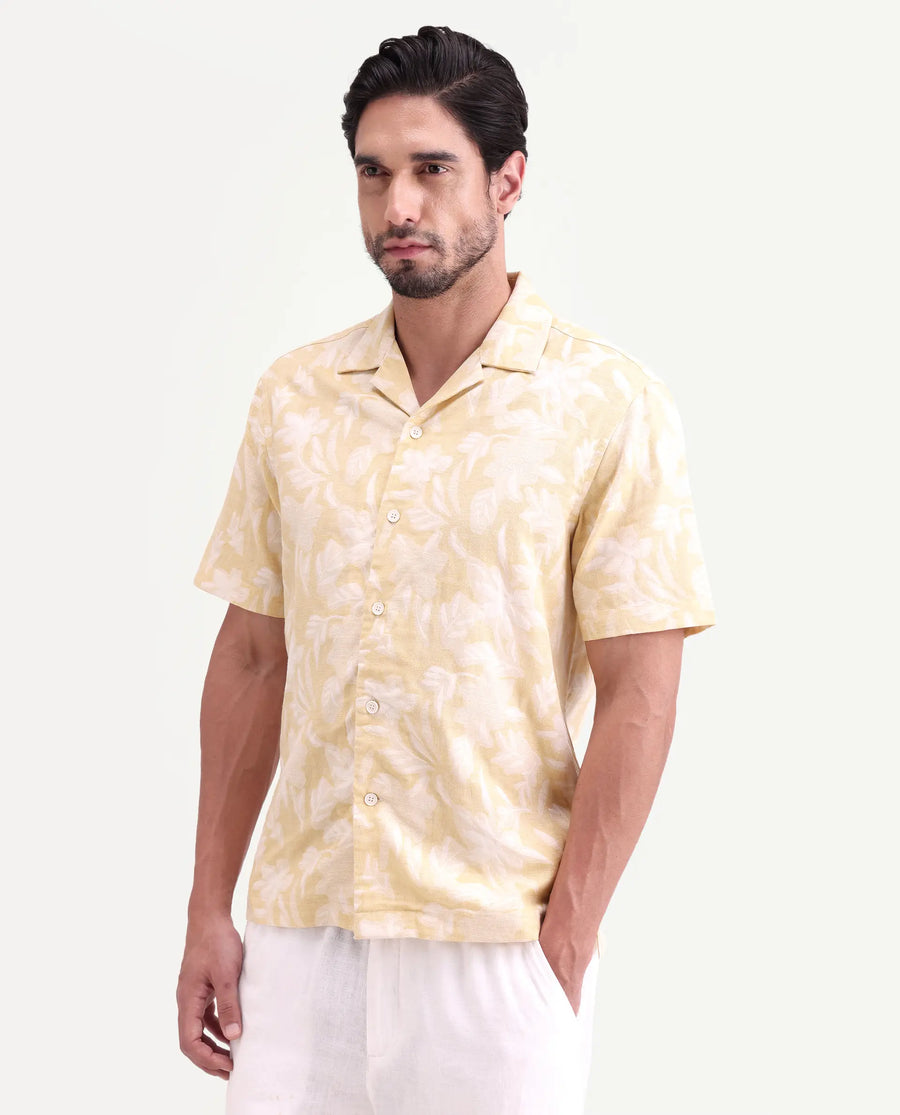 Rare Rabbit Men's Jyst Yellow Cotton Blend Half Sleeve Cuban Collar Regular Fit Jacquard Shirt
