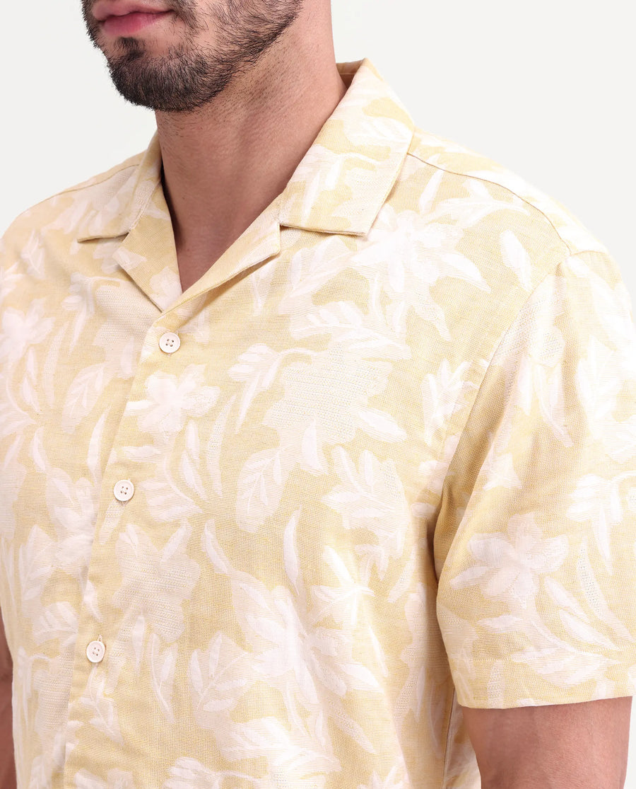 Rare Rabbit Men's Jyst Yellow Cotton Blend Half Sleeve Cuban Collar Regular Fit Jacquard Shirt