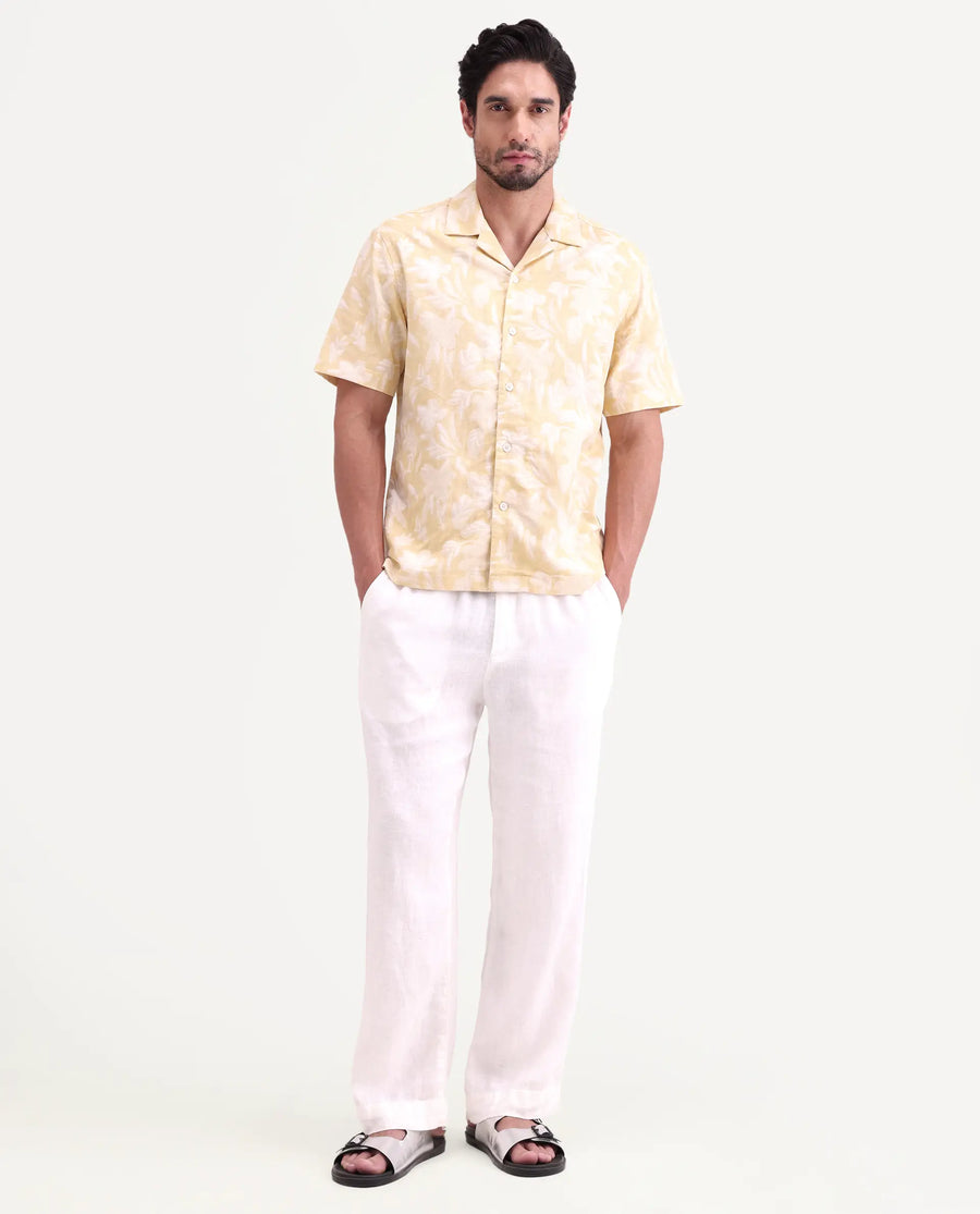 Rare Rabbit Men's Jyst Yellow Cotton Blend Half Sleeve Cuban Collar Regular Fit Jacquard Shirt