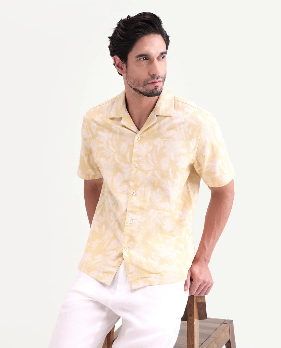 Rare Rabbit Men's Jyst Yellow Cotton Blend Half Sleeve Cuban Collar Regular Fit Jacquard Shirt