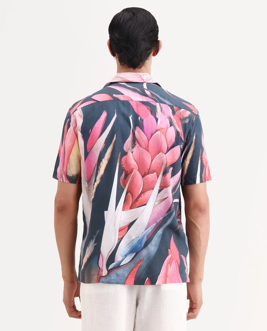 Rare Rabbit Men's Lory Dark Navy Viscose Fabric Half Sleeve Cuban Collar Regular Fit Tropical Print Shirt