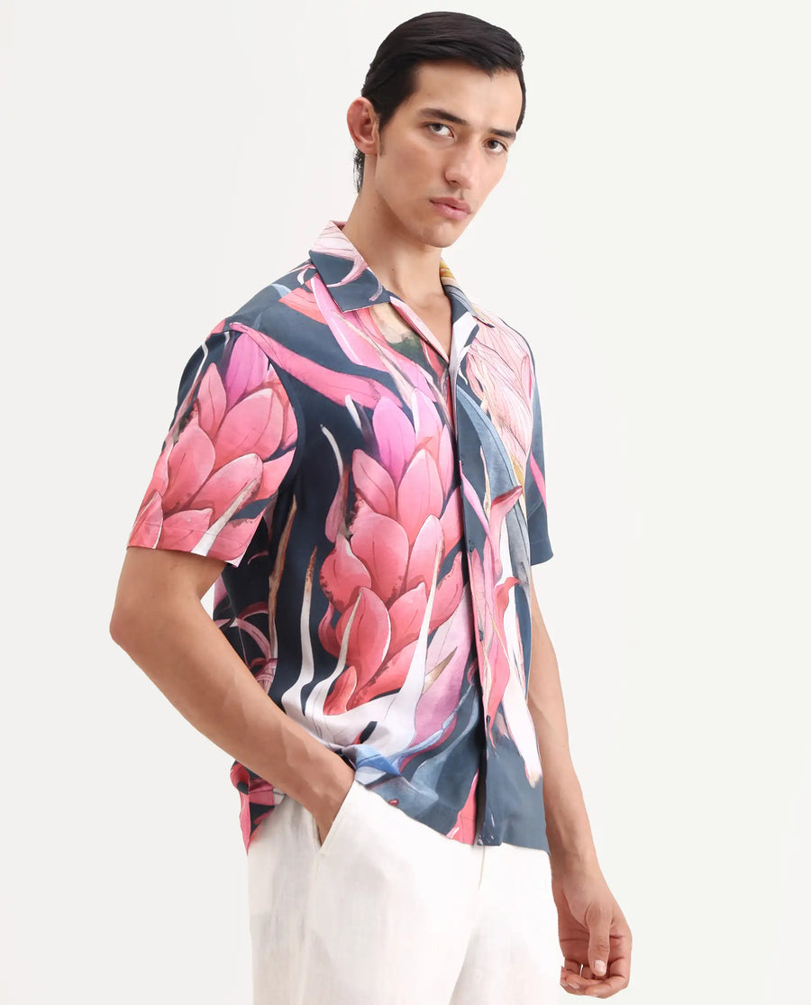 Rare Rabbit Men's Lory Dark Navy Viscose Fabric Half Sleeve Cuban Collar Regular Fit Tropical Print Shirt