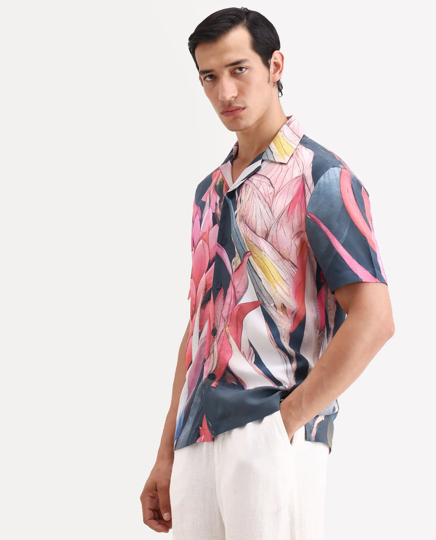 Rare Rabbit Men's Lory Dark Navy Viscose Fabric Half Sleeve Cuban Collar Regular Fit Tropical Print Shirt