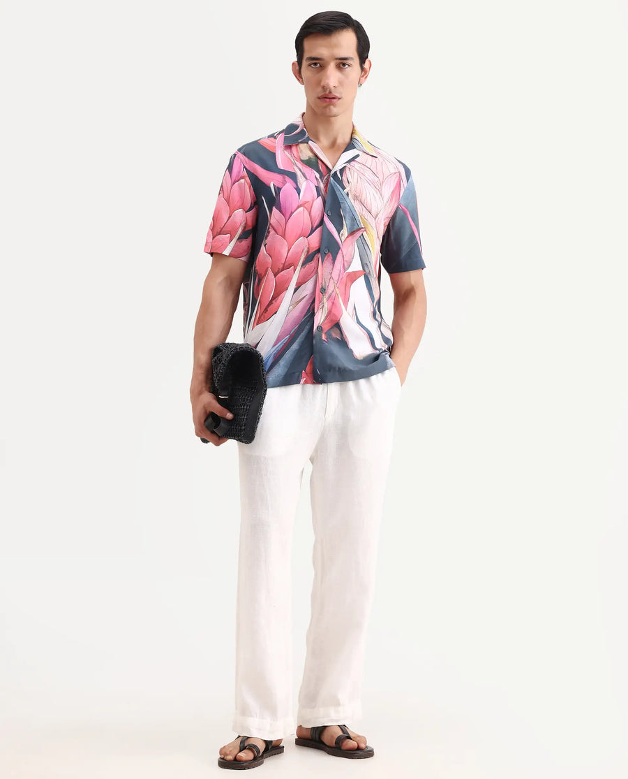 Rare Rabbit Men's Lory Dark Navy Viscose Fabric Half Sleeve Cuban Collar Regular Fit Tropical Print Shirt