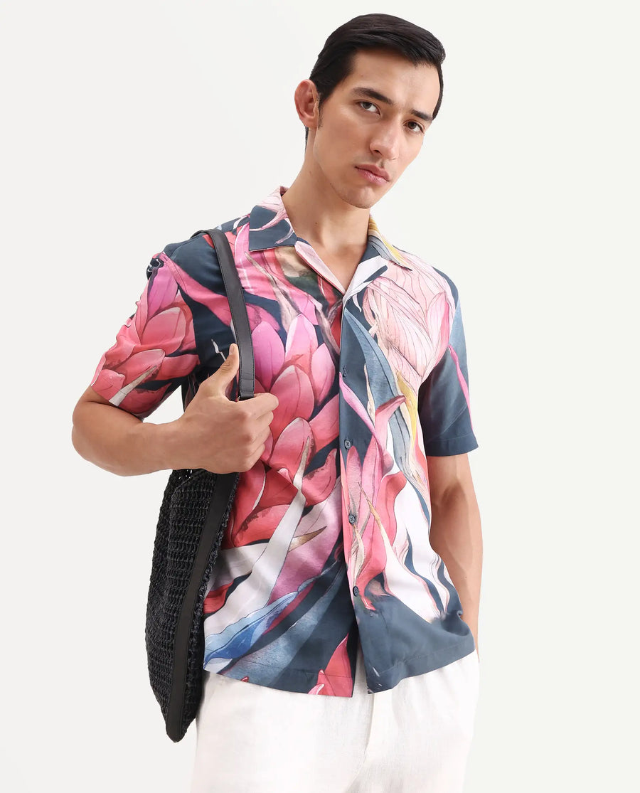 Rare Rabbit Men's Lory Dark Navy Viscose Fabric Half Sleeve Cuban Collar Regular Fit Tropical Print Shirt