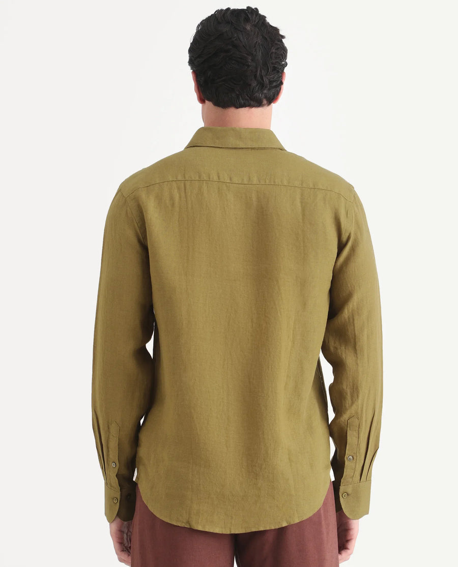 Rare Rabbit Men's Mavi-S26 Mustard 100% Linen Fabric Full Sleeve Spread Collar Regular Fit Plain Shirt