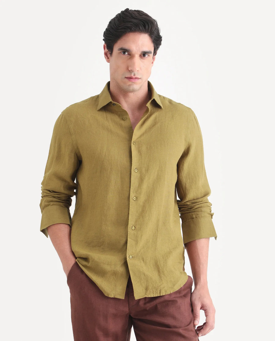 Rare Rabbit Men's Mavi-S26 Mustard 100% Linen Fabric Full Sleeve Spread Collar Regular Fit Plain Shirt