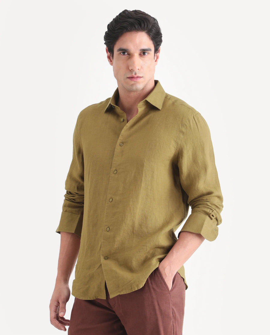 Rare Rabbit Men's Mavi-S26 Mustard 100% Linen Fabric Full Sleeve Spread Collar Regular Fit Plain Shirt