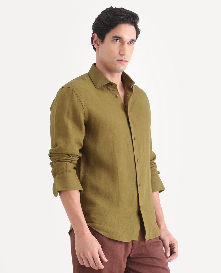 Rare Rabbit Men's Mavi-S26 Mustard 100% Linen Fabric Full Sleeve Spread Collar Regular Fit Plain Shirt