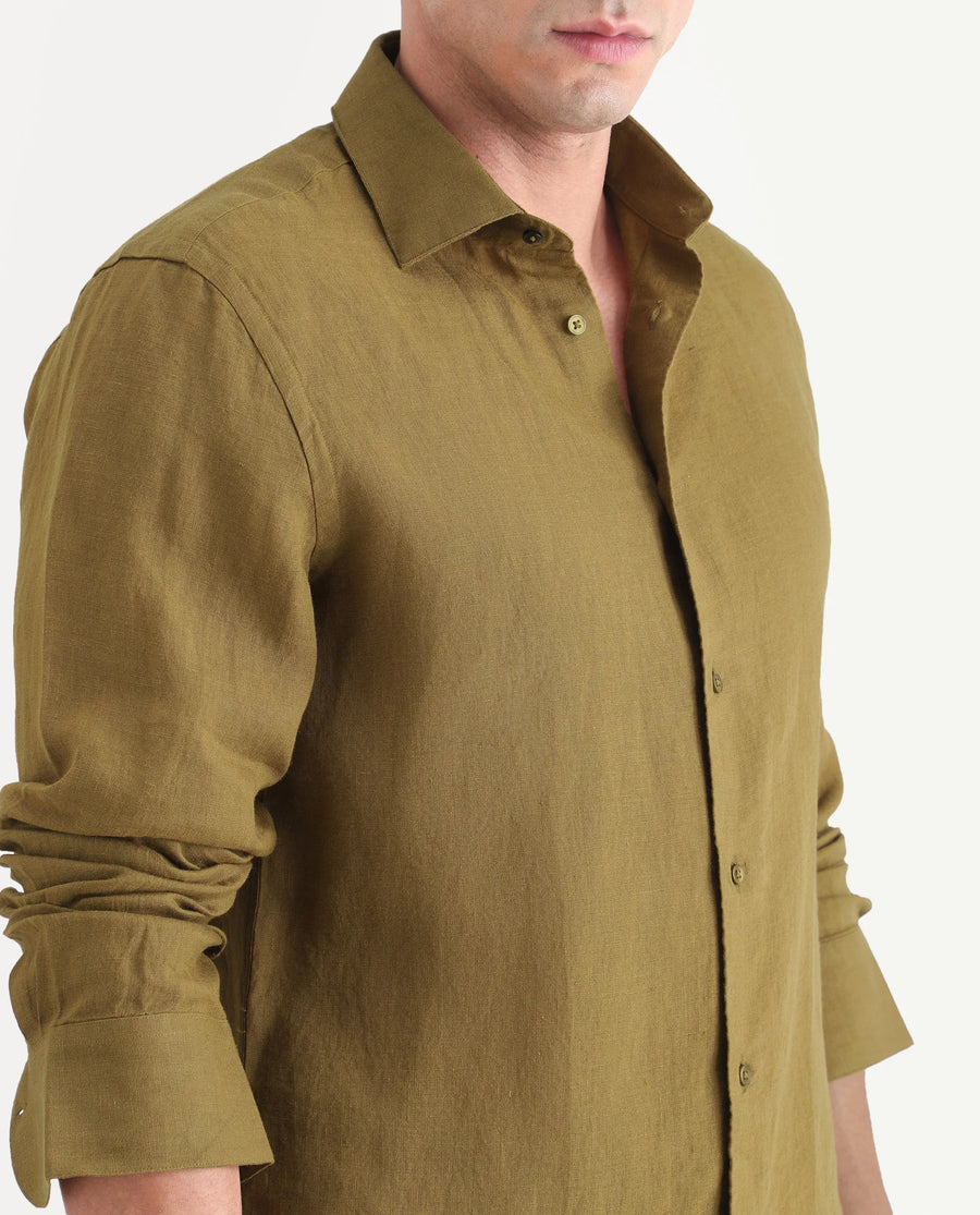 Rare Rabbit Men's Mavi-S26 Mustard 100% Linen Fabric Full Sleeve Spread Collar Regular Fit Plain Shirt