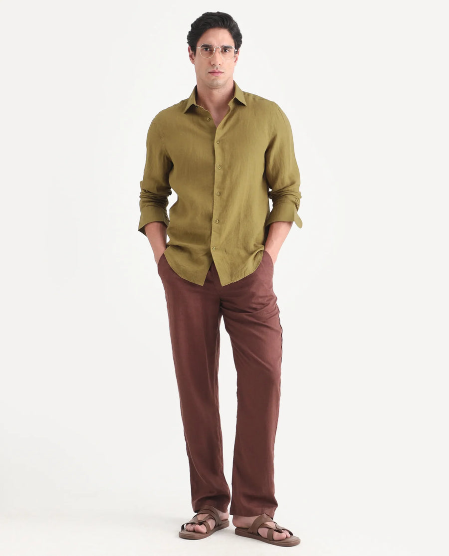 Rare Rabbit Men's Mavi-S26 Mustard 100% Linen Fabric Full Sleeve Spread Collar Regular Fit Plain Shirt