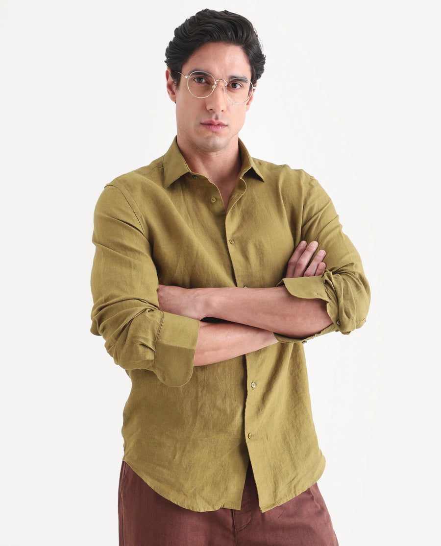 Rare Rabbit Men's Mavi-S26 Mustard 100% Linen Fabric Full Sleeve Spread Collar Regular Fit Plain Shirt