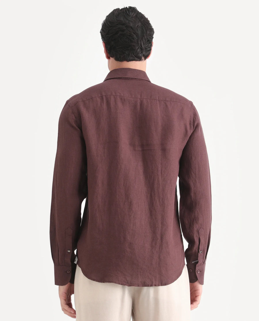 Rare Rabbit Men's Mavi-S26 Dark Maroon 100% Linen Fabric Full Sleeve Spread Collar Regular Fit Plain Shirt