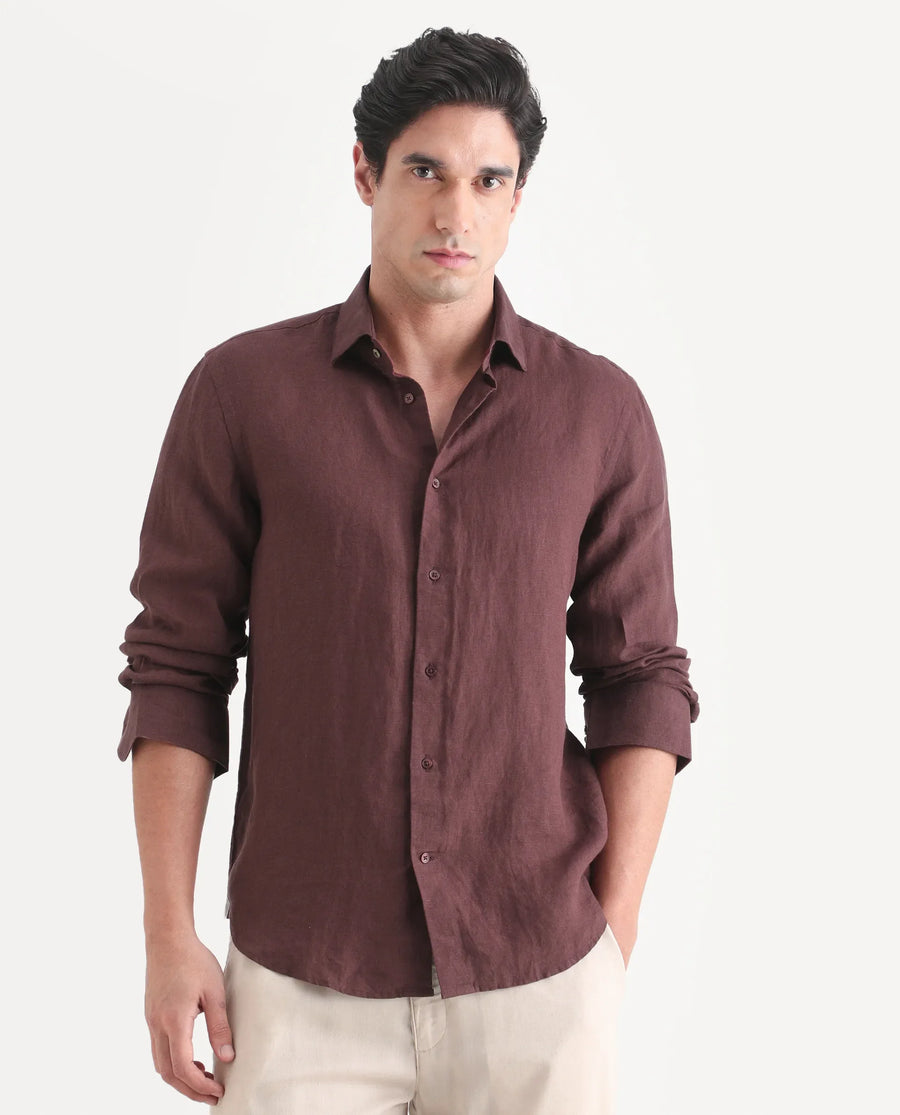 Rare Rabbit Men's Mavi-S26 Dark Maroon 100% Linen Fabric Full Sleeve Spread Collar Regular Fit Plain Shirt