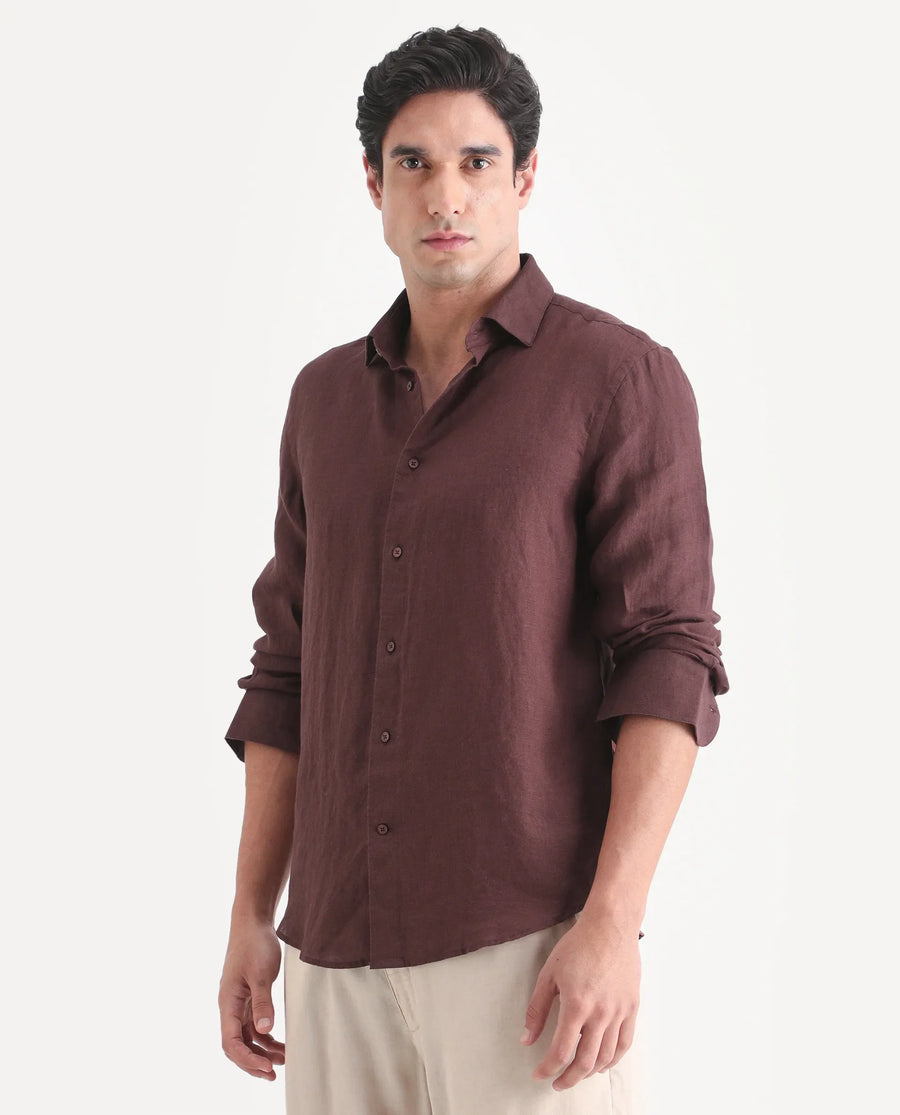 Rare Rabbit Men's Mavi-S26 Dark Maroon 100% Linen Fabric Full Sleeve Spread Collar Regular Fit Plain Shirt