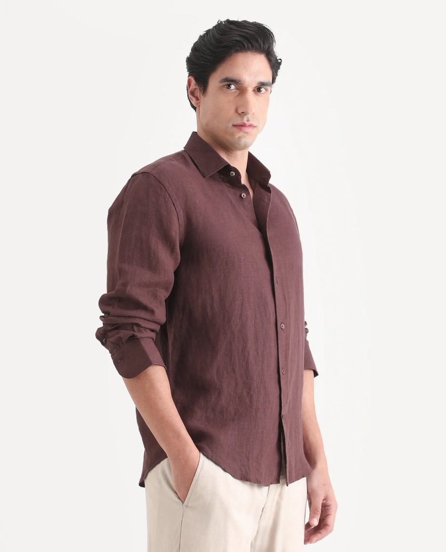 Rare Rabbit Men's Mavi-S26 Dark Maroon 100% Linen Fabric Full Sleeve Spread Collar Regular Fit Plain Shirt
