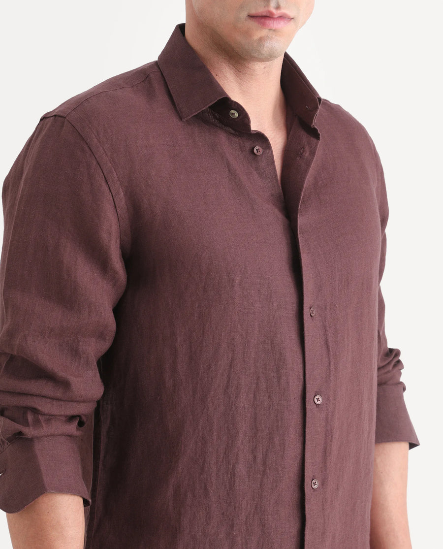 Rare Rabbit Men's Mavi-S26 Dark Maroon 100% Linen Fabric Full Sleeve Spread Collar Regular Fit Plain Shirt