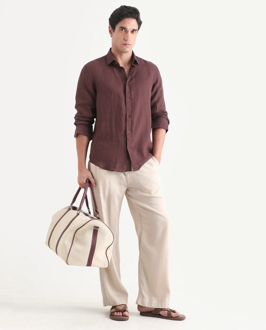 Rare Rabbit Men's Mavi-S26 Dark Maroon 100% Linen Fabric Full Sleeve Spread Collar Regular Fit Plain Shirt