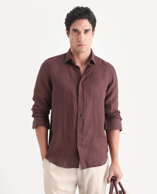 Rare Rabbit Men's Mavi-S26 Dark Maroon 100% Linen Fabric Full Sleeve Spread Collar Regular Fit Plain Shirt